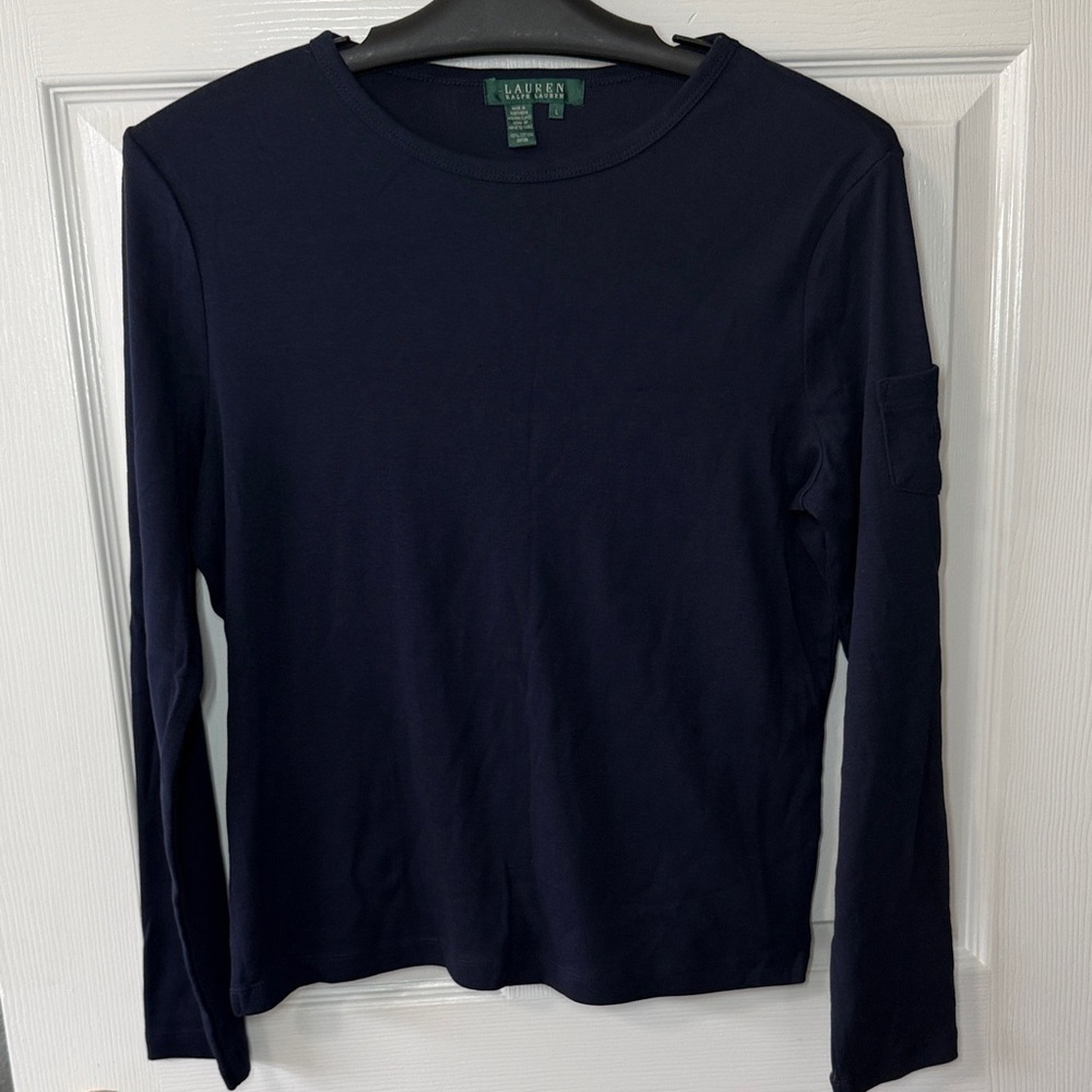 Lauren Ralph Lauren Navy Embroidered Sleeve Top
